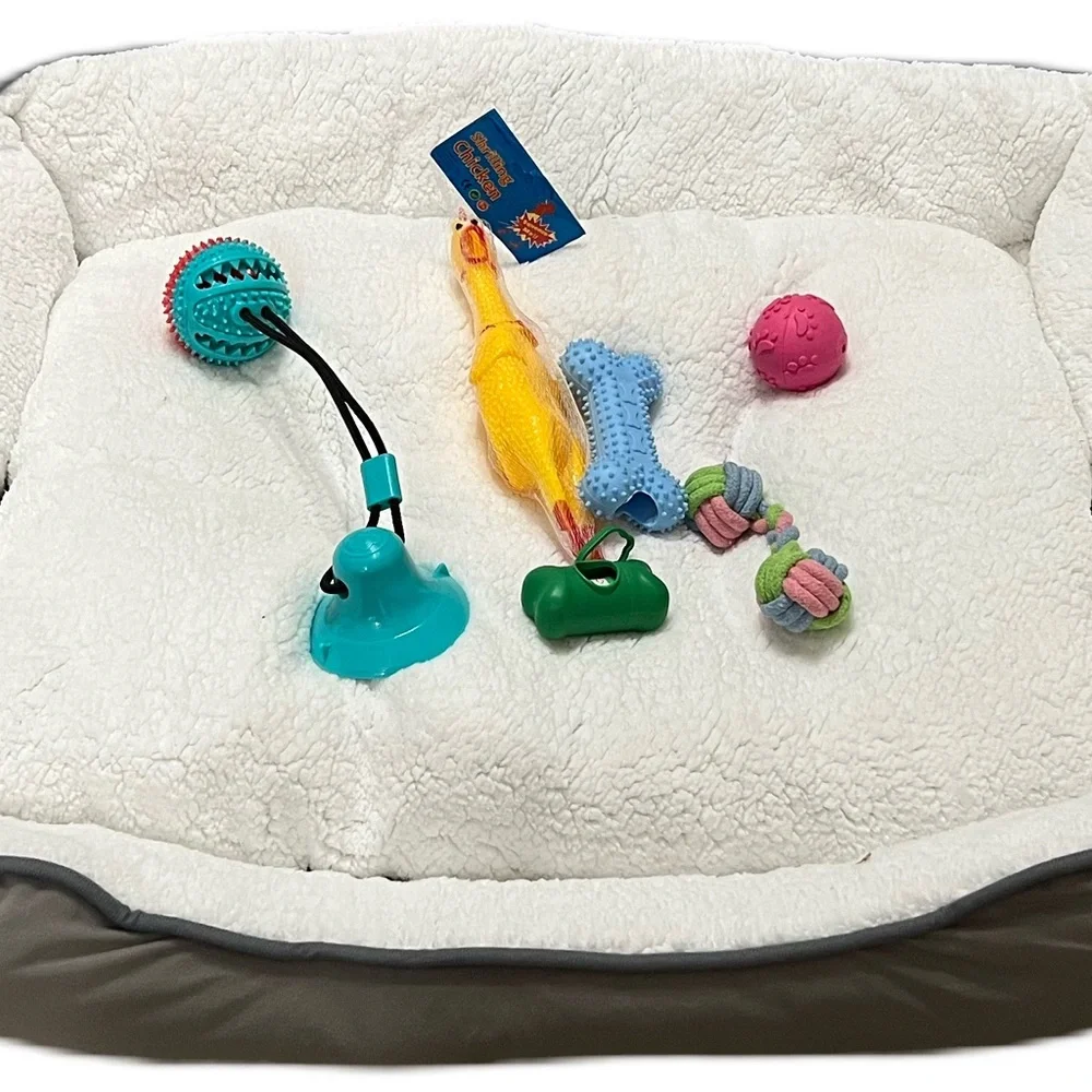 This is a bundle of pet toys with the bed. This is great for medium size dog ,